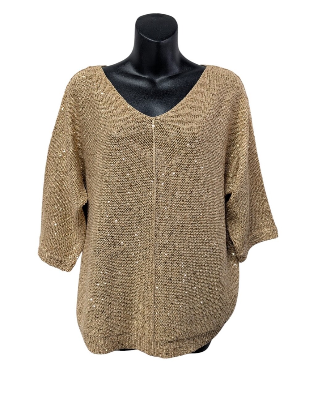 WD.NY Women's Gold Sequin Knit V-Neck 3/4 Sleeve Top Sweater Size XL